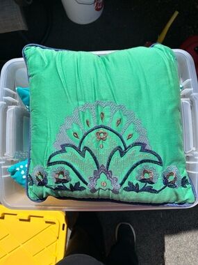 Embroidered Teal Decorative Throw Pillow